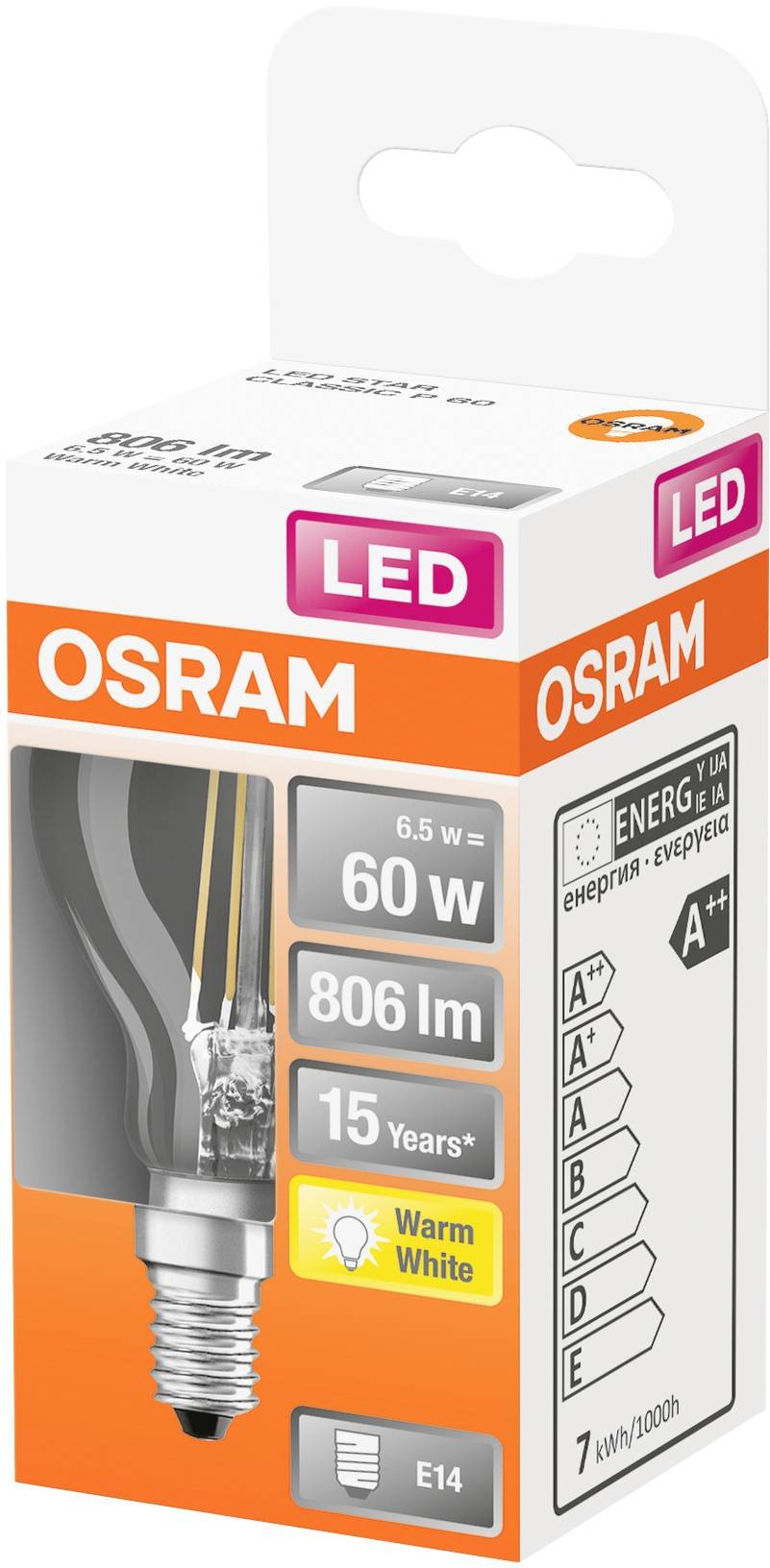 LED lemputė OSRAM Filament, E14, P60, burbuliukas, 5,5W, 2700K, 806lm, non-dim,skaidri - 2