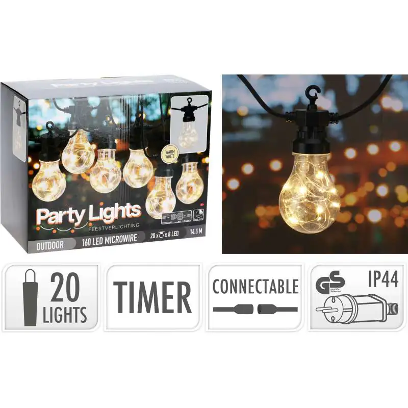 Terasų elektrinė girlianda PARTY BULBS, IP44 20LED A60, šiltai baltos sp, sujungiamos 9,5m-0