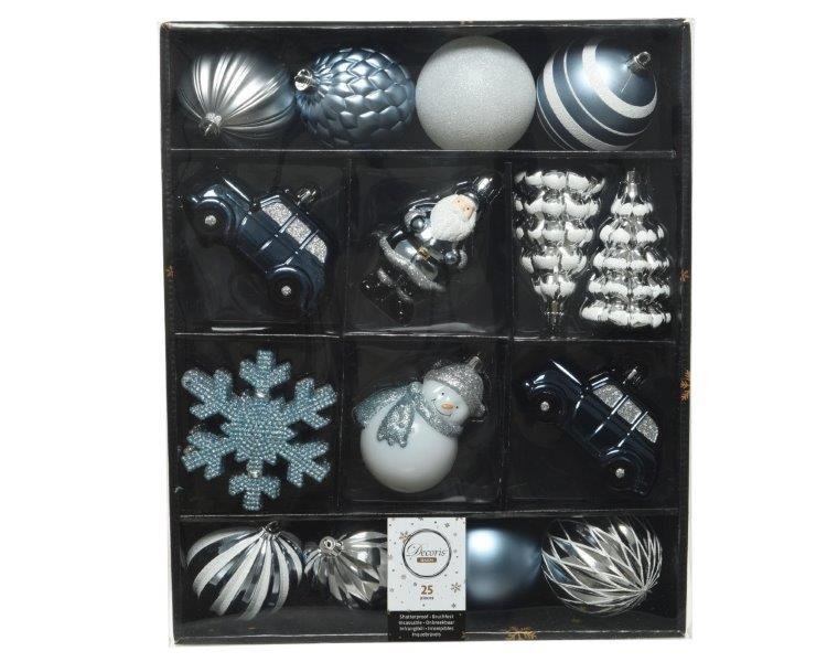 Kalėdinių eglės žaisliukų rinkinys MIX BOX, baltos/mėlynos sp., 8 cm, 25 vnt.