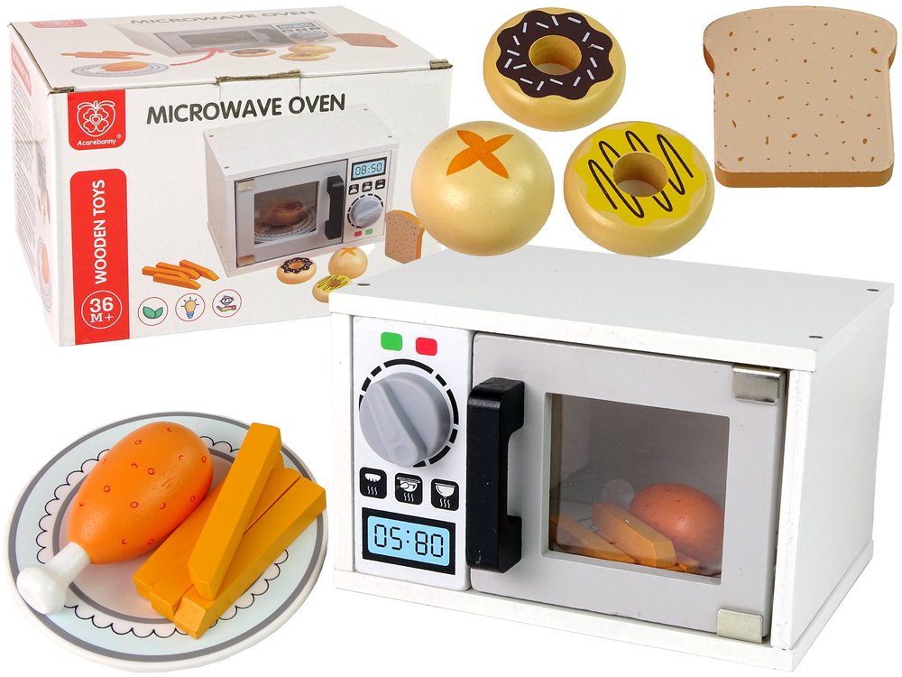 Žaislinė medinė mikrobangų krosnelė su maisto produktais, balta