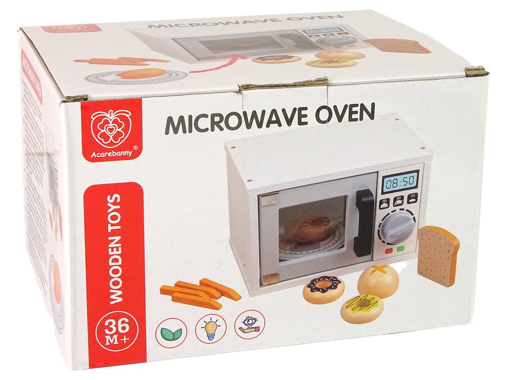 Žaislinė medinė mikrobangų krosnelė su maisto produktais, balta - 8