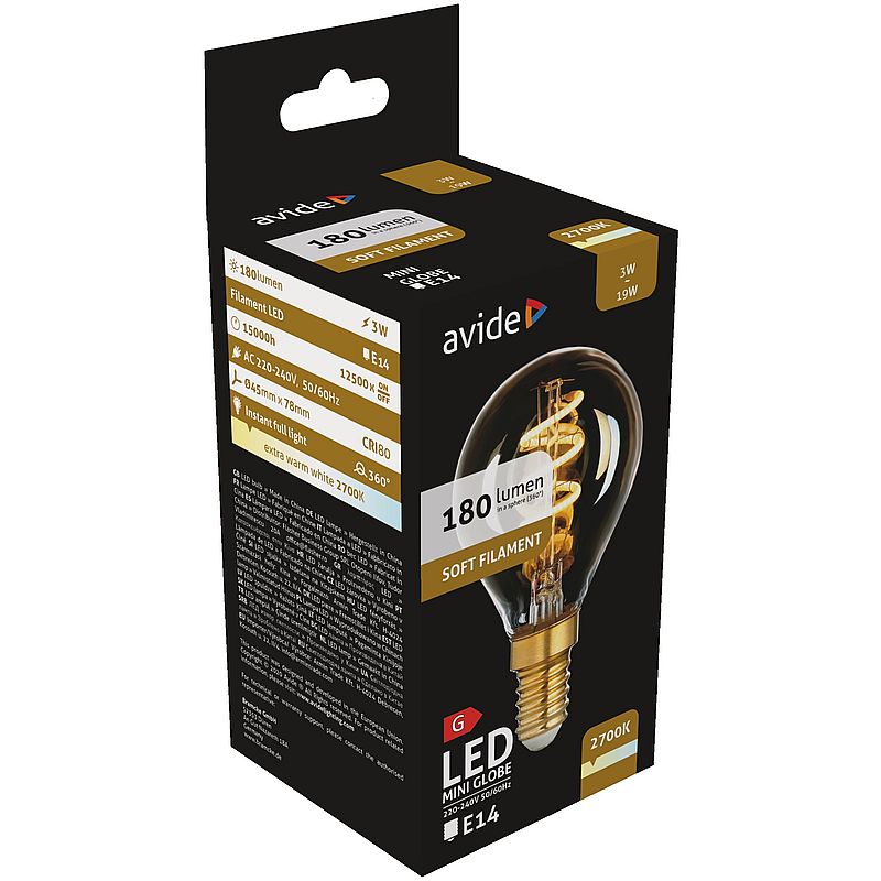 Dekoratyvinė LED lemputė AVIDE SOFT FILAMENT EW, E14 G45, 3W (=19W), 2700K, 180 lm-2