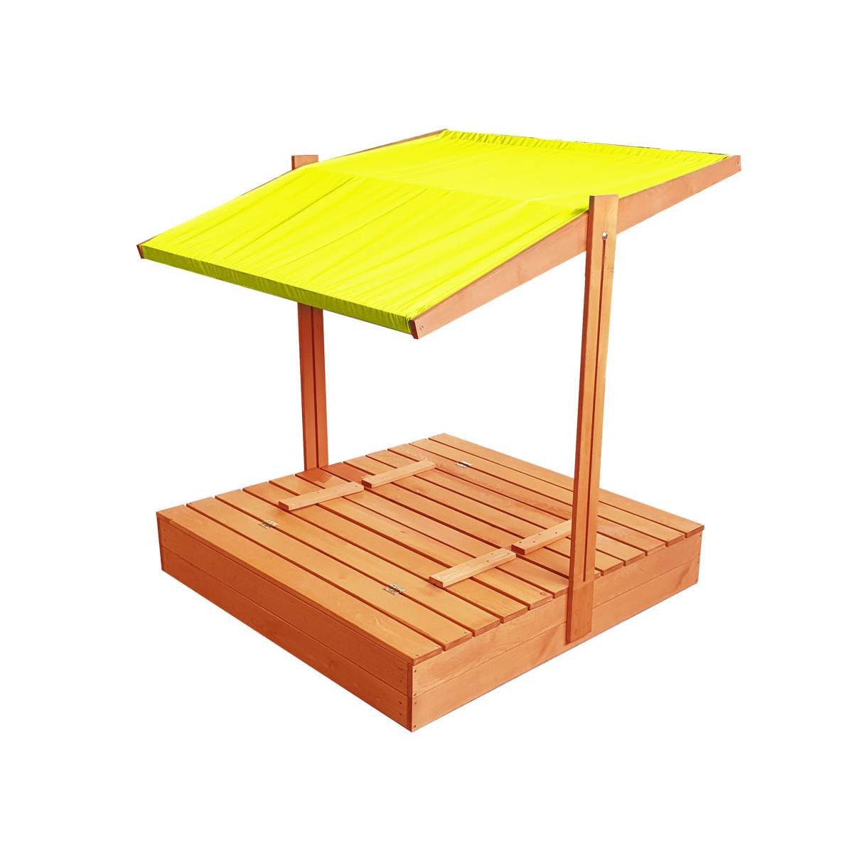 Impregnuota medinė smėlio dėžė su geltonos spalvos stogeliu, 120x120 cm - 1