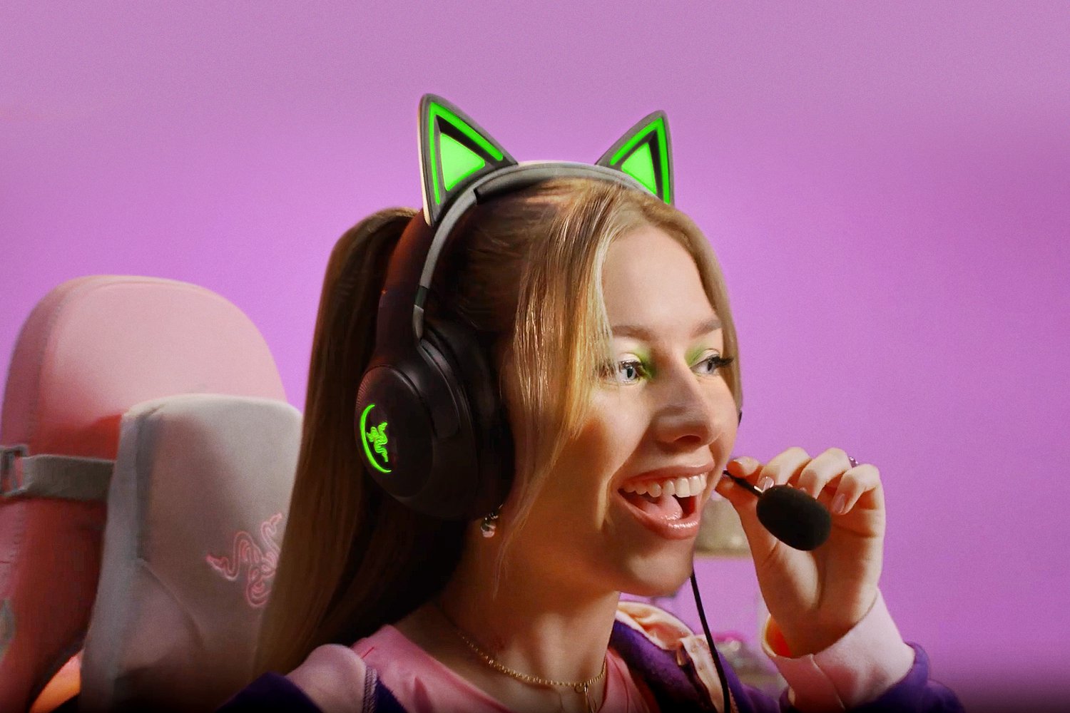 Laidinės žaidimų ausinės Razer Kraken Kitty V2, juodos/žalios - 5