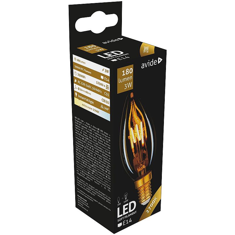 Dekoratyvinė LED lemputė AVIDE SOFT FILAMENT, E14 žvakė, 3W (=19W), 2700K, 180 lm - 2