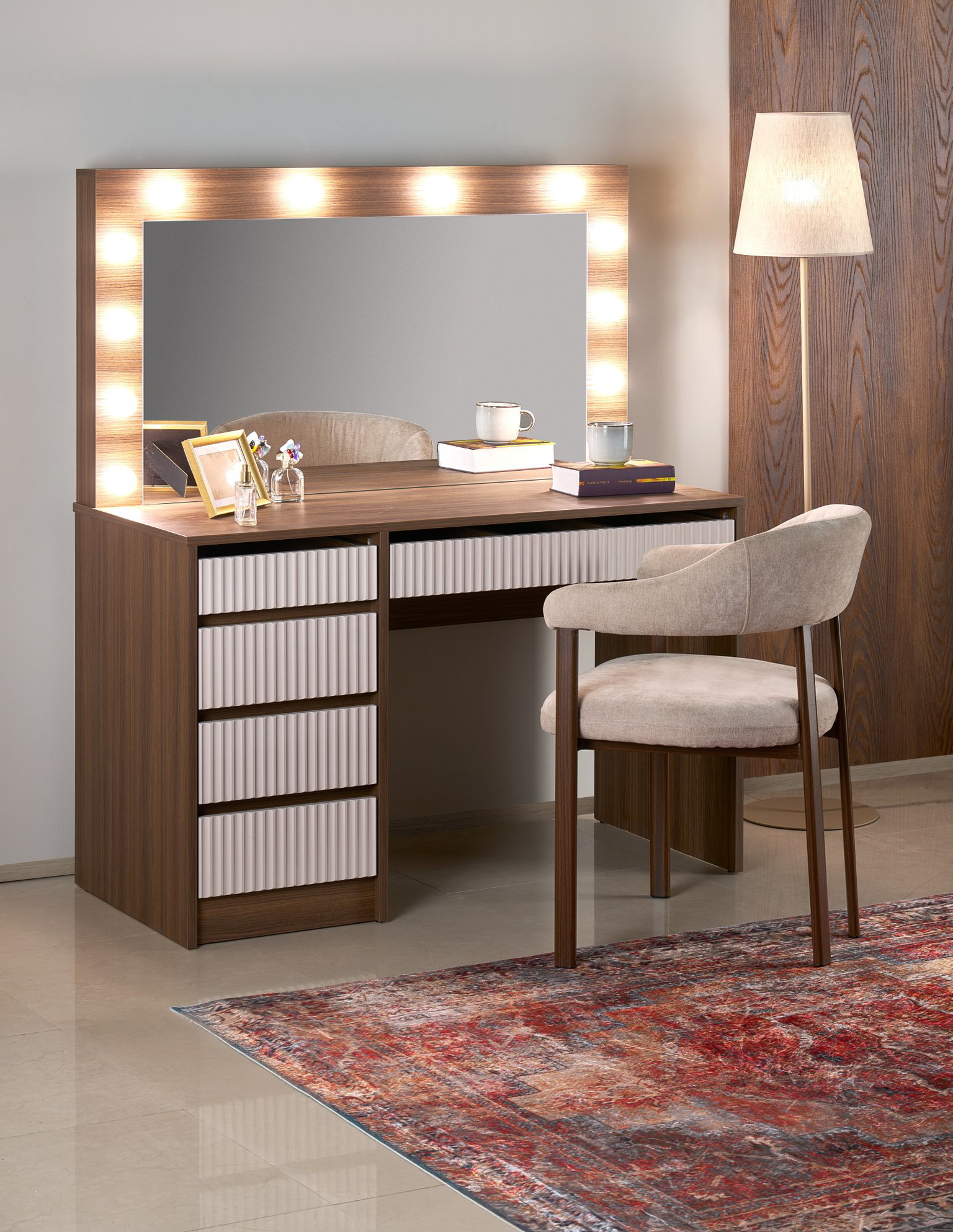 Kosmetinis staliukas Hollywood 2 XL, riešuto sp./kašmyro sp., 140 cm x 120 cm x 55 cm-0
