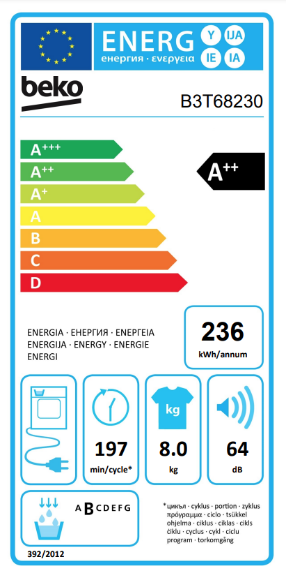 Džiovyklė Beko B3T68230, 8 kg - 7