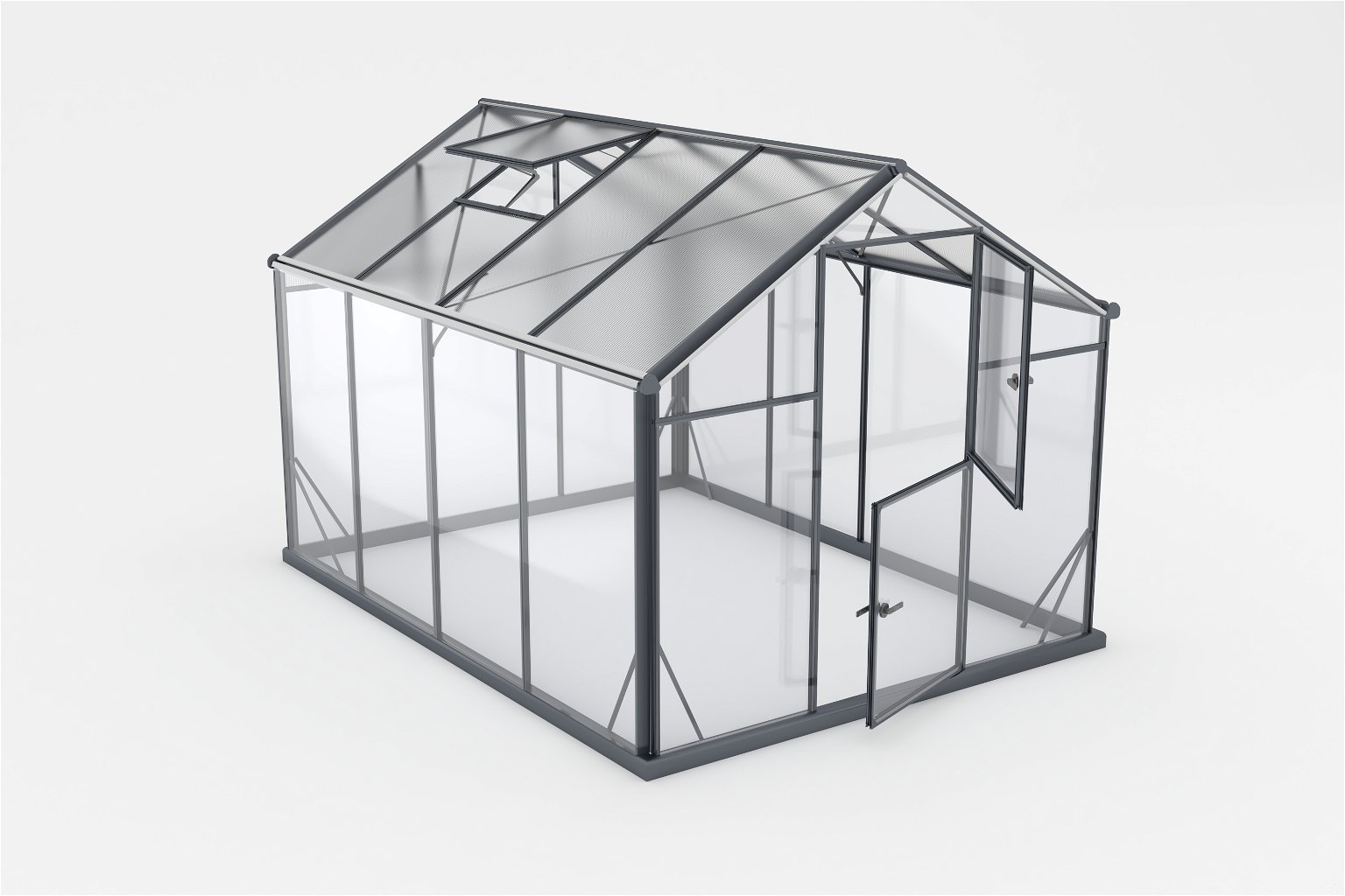 Šiltnamis SANUS HYBRID L-7 (2,20x2,90m) RAL9005, 4mm grūdinto stiklo sienos, 6mm polikarbonato stogas