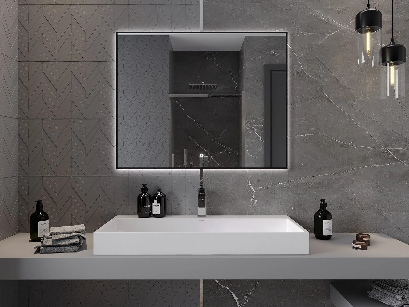 Vonios veidrodis Mexen Erma Black su LED apšvietimu ir šildymo kilimėliu, 100 x 80 cm - 4