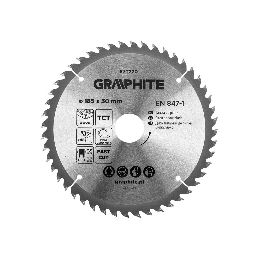 Medžio pjovimo diskas GRAPHITE, 185 x 2,0 x 30 mm, 48 dantų, TCT-0