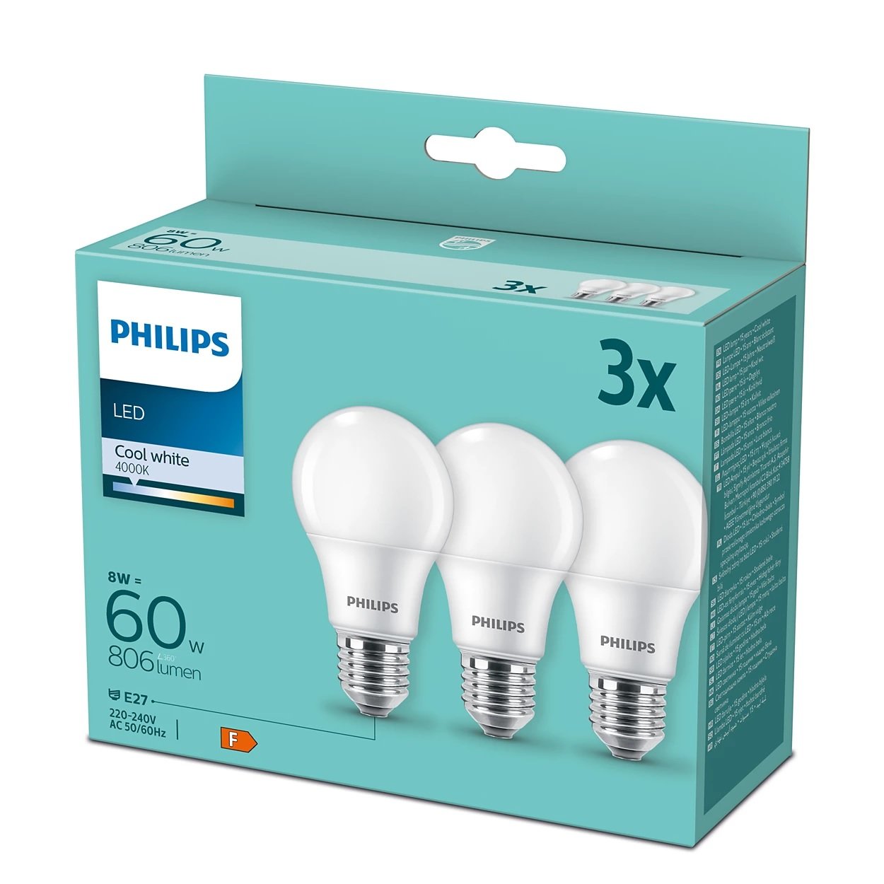 LED lemputė PHILIPS  A60,  8W (=60W), E27, 4000K, 806 lm, NON-DIM, šaltai baltos spalvos, 3vnt.
