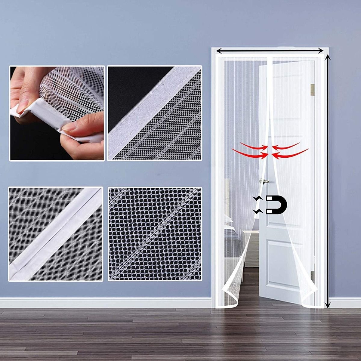 Durų tinklelis nuo vabzdžių su magnetais, 80/90/100 x 210/220 cm, baltas - 4