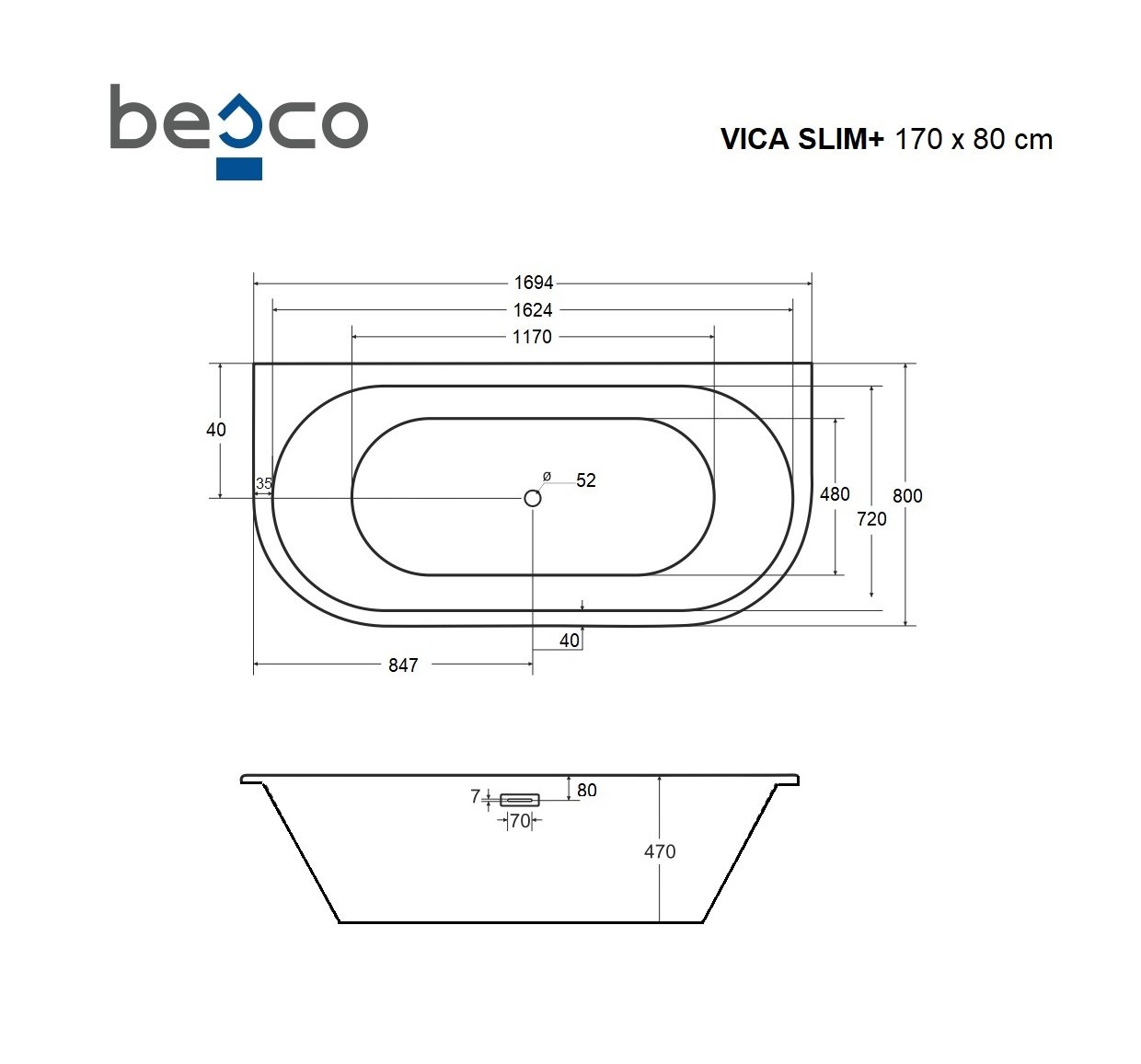 Vonia Besco Vica Slim+ su aukso spalvos sifonu, 170 cm - 3
