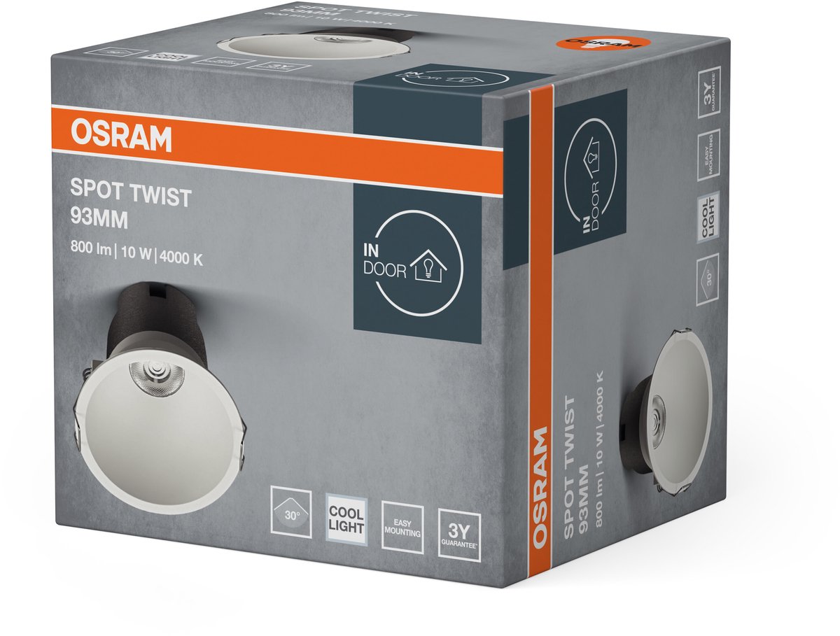 Įleidžiamas LED šviestuvas OSRAM SPOT TWIST, IP20 10W 4000K 700lm, baltos sp., ø9,3cm - 4