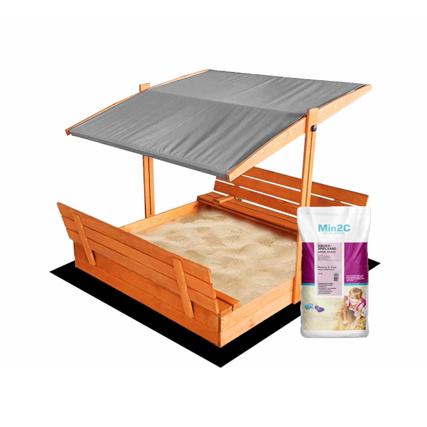 Impregnuota medinė smėlio dėžė su pilkos spalvos stogeliu ir 250 kg smėlio, 120x120 cm-0