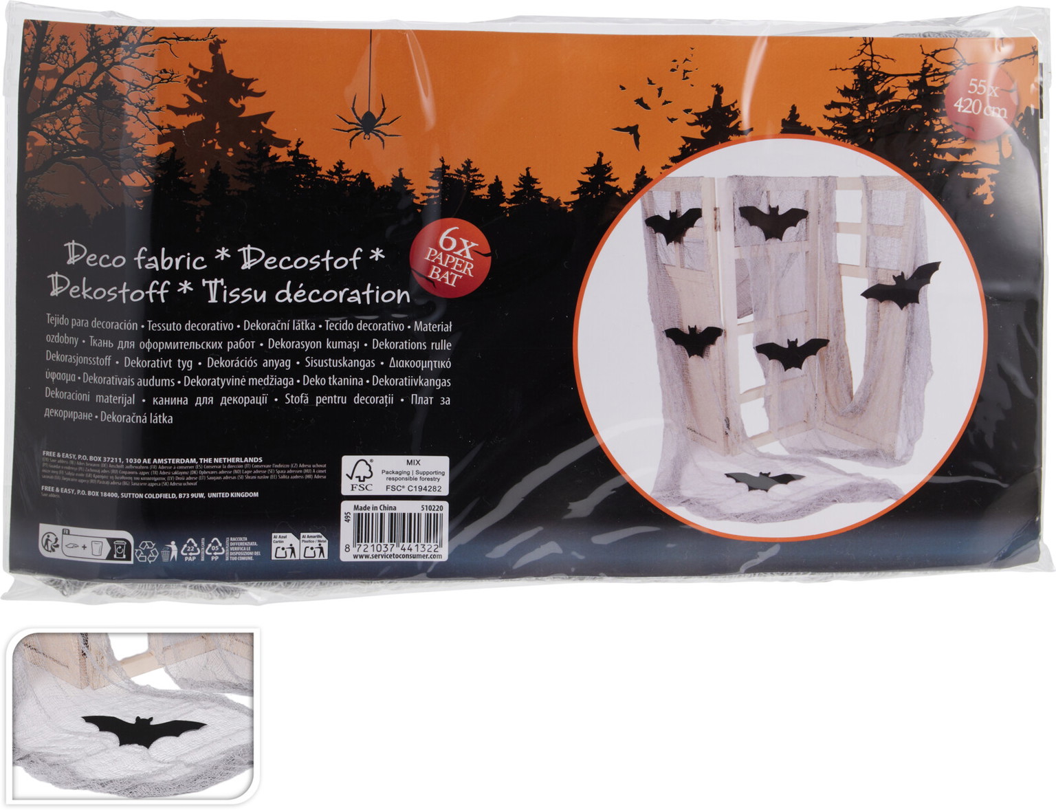 Dekoracija HALLOWEEN FABRIC, baltos/juodos sp., 55 x 420 cm-0