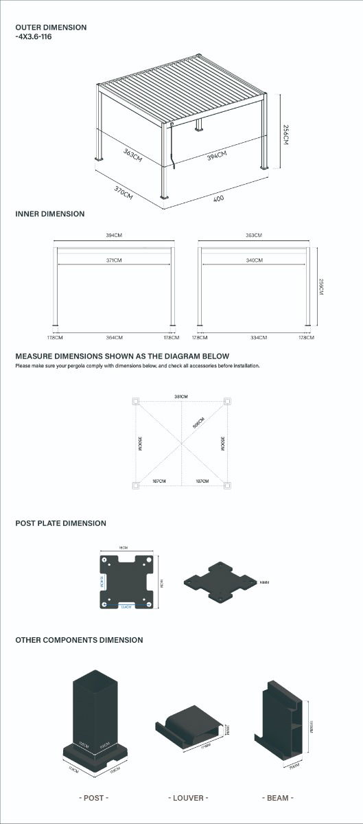 Pavėsinė Pergola DELUXE 370x400 cm, Anthracite - 6