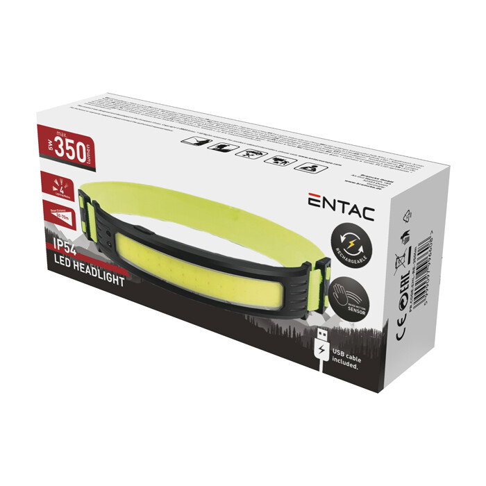 LED žibintas ant galvos ENTAC, IP54,5W,350lm, pakraunamas, USB, +raudona sp, su sensoriumi-0