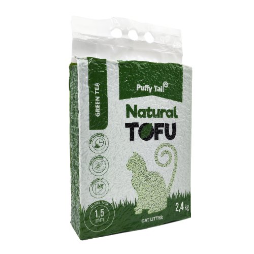 Tofu kraikas katėms PUFFY TAIL, su žaliosios arbatos ekstraktu, 1,5 mm, 2.4 kg