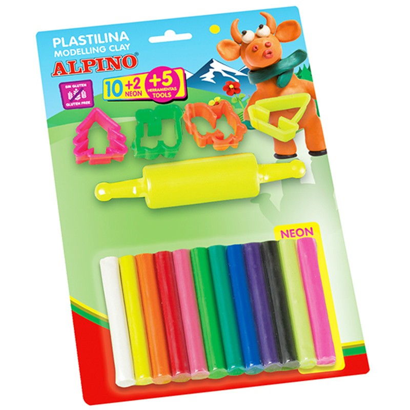 Plastilinas ALPINO, 10 spalvų + 2 neoninės + 5 detalės-0