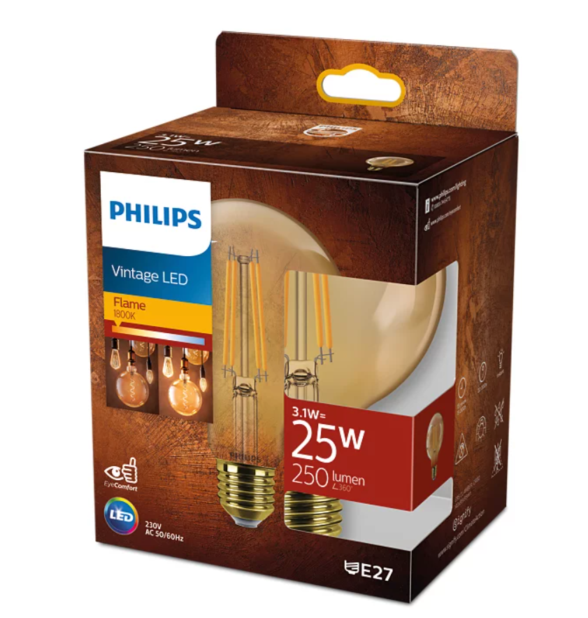 Dekoratyvinė LED lemputė PHILIPS VINTAGE GOLD, E27, G95, 3,1(=25W), 1800 K, 250 lm,NON-DIM