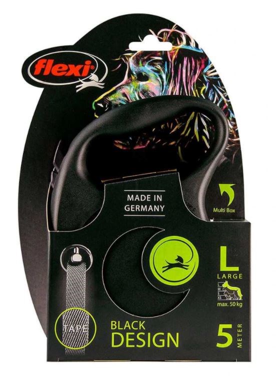 Pavadėlis FLEXI Black Design L, juostelinis, juodos sp., max 50 kg, 5 m-1