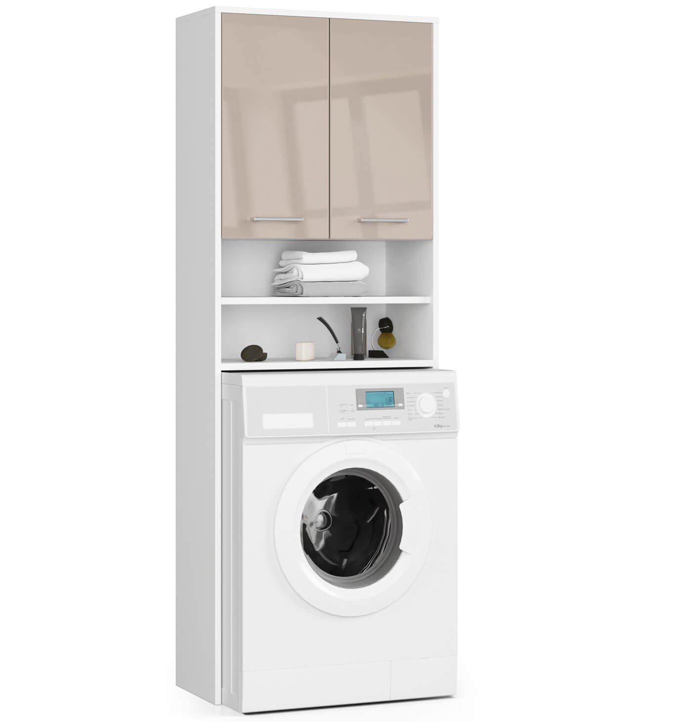 Pastatoma vonios spintelė virš skalbimo mašinos FIN 2D, 60 cm, balta/smėlio blizgi