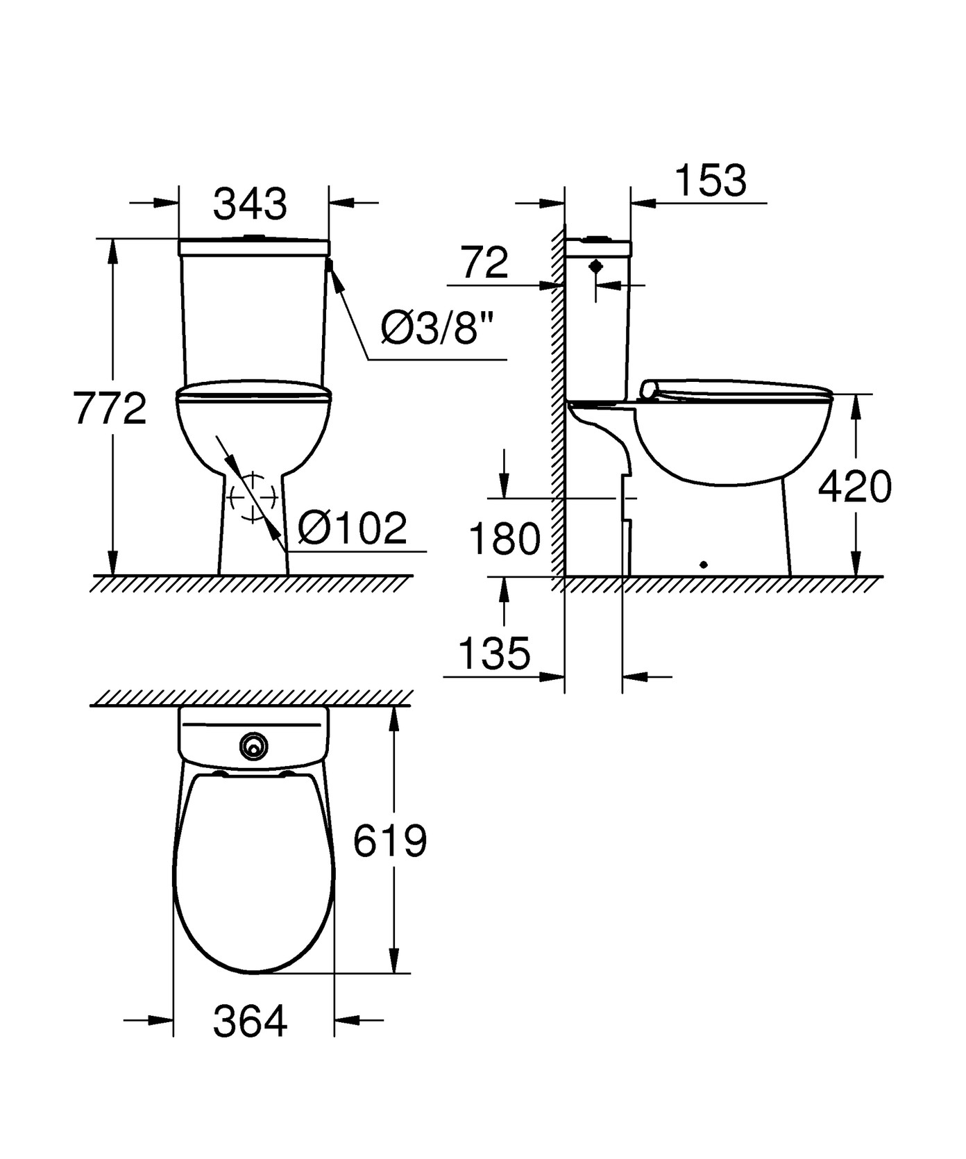 Unitazo komplektas GROHE BAU RIMLESS, horizontalus išv., su lėtai nusileidžiančiu dangčiu-1