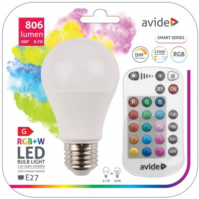 LED lemputė AVIDE, E27, A60, 9,7W (=60W), RGB, 2700K, 806 lm, dim., 200 °, su pulteliu
