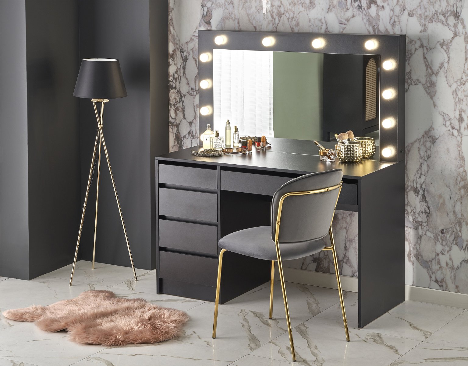 Kosmetinis staliukas HOLLYWOOD XL su veidrodžiu, juodas