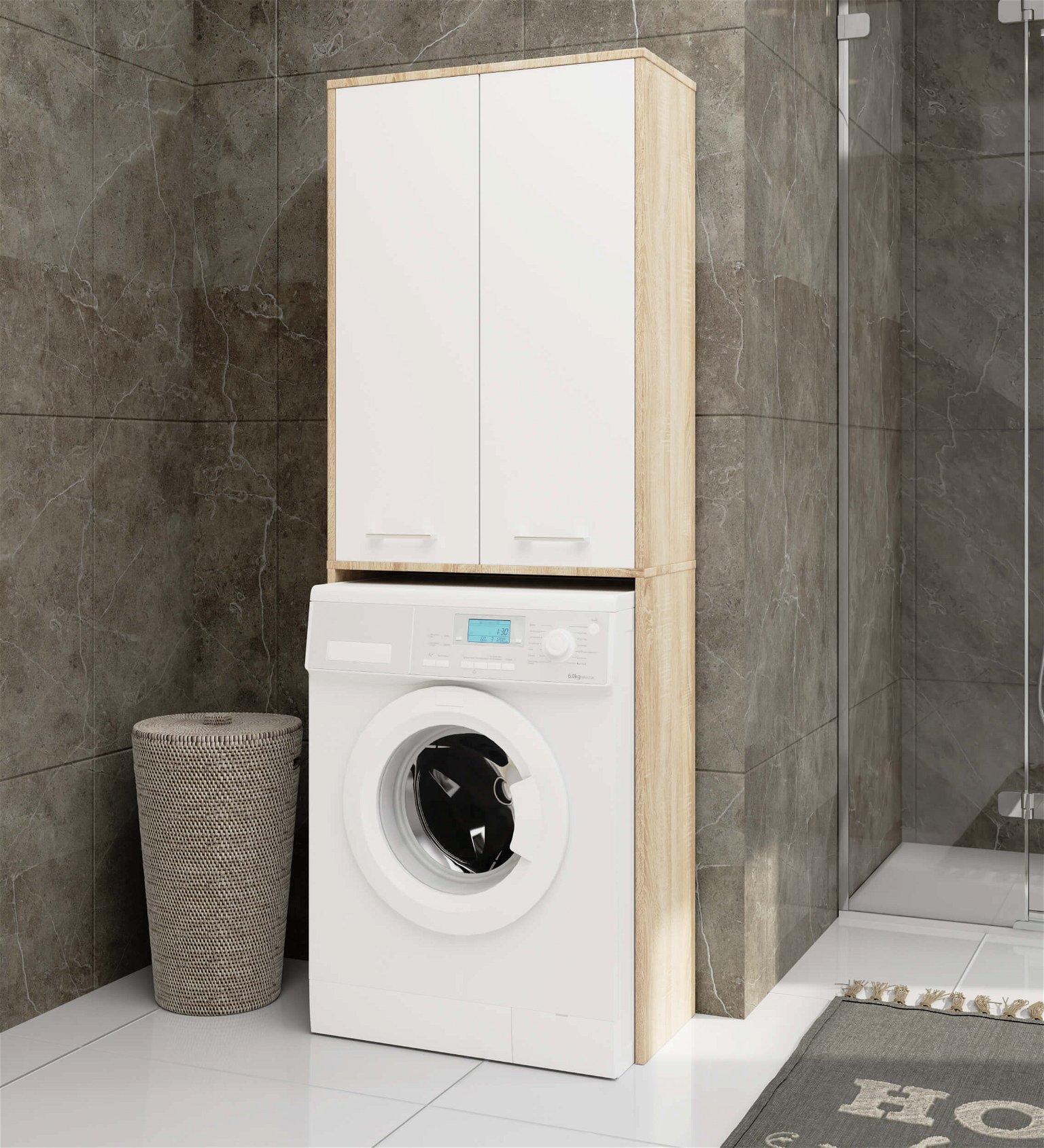 Pastatoma vonios spintelė virš skalbimo mašinos FIN 2D, 60 cm, ąžuolo/balta - 5