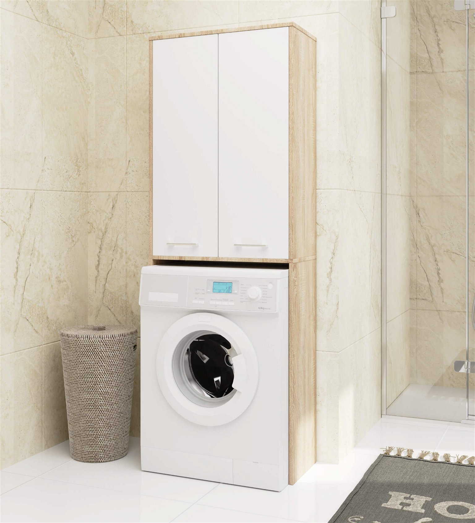 Pastatoma vonios spintelė virš skalbimo mašinos FIN 2D, 60 cm, ąžuolo/balta - 4