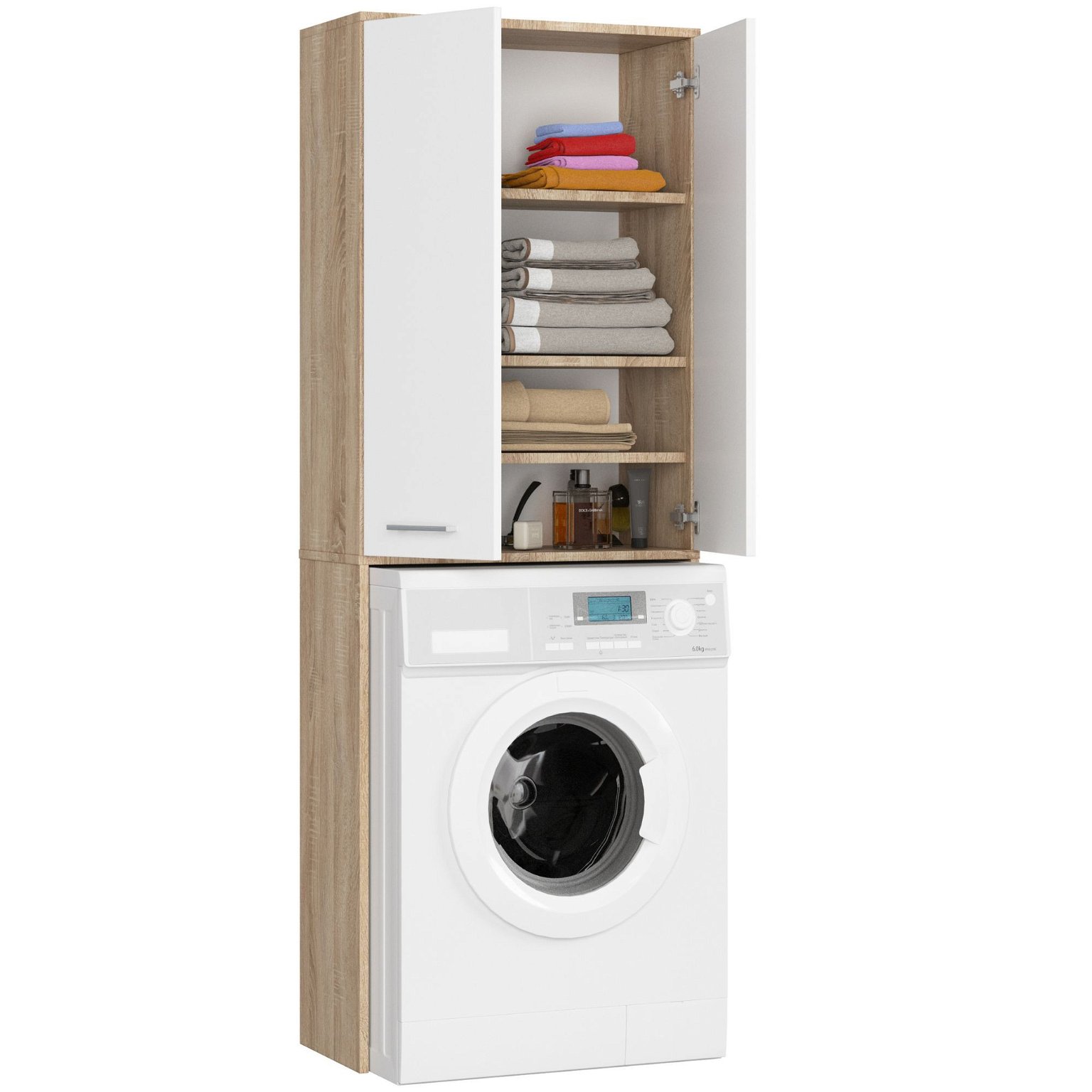 Pastatoma vonios spintelė virš skalbimo mašinos FIN 2D, 60 cm, ąžuolo/balta - 2
