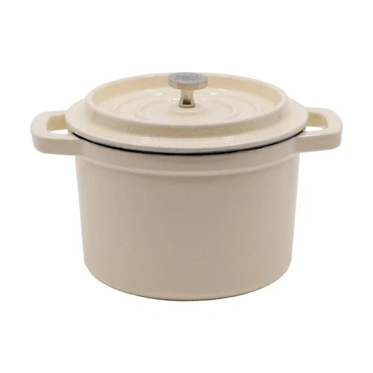 Ketaus mini puodas GRAND FEU, emaliuotas, su dangčiu, baltos sp., 0,65 L-0