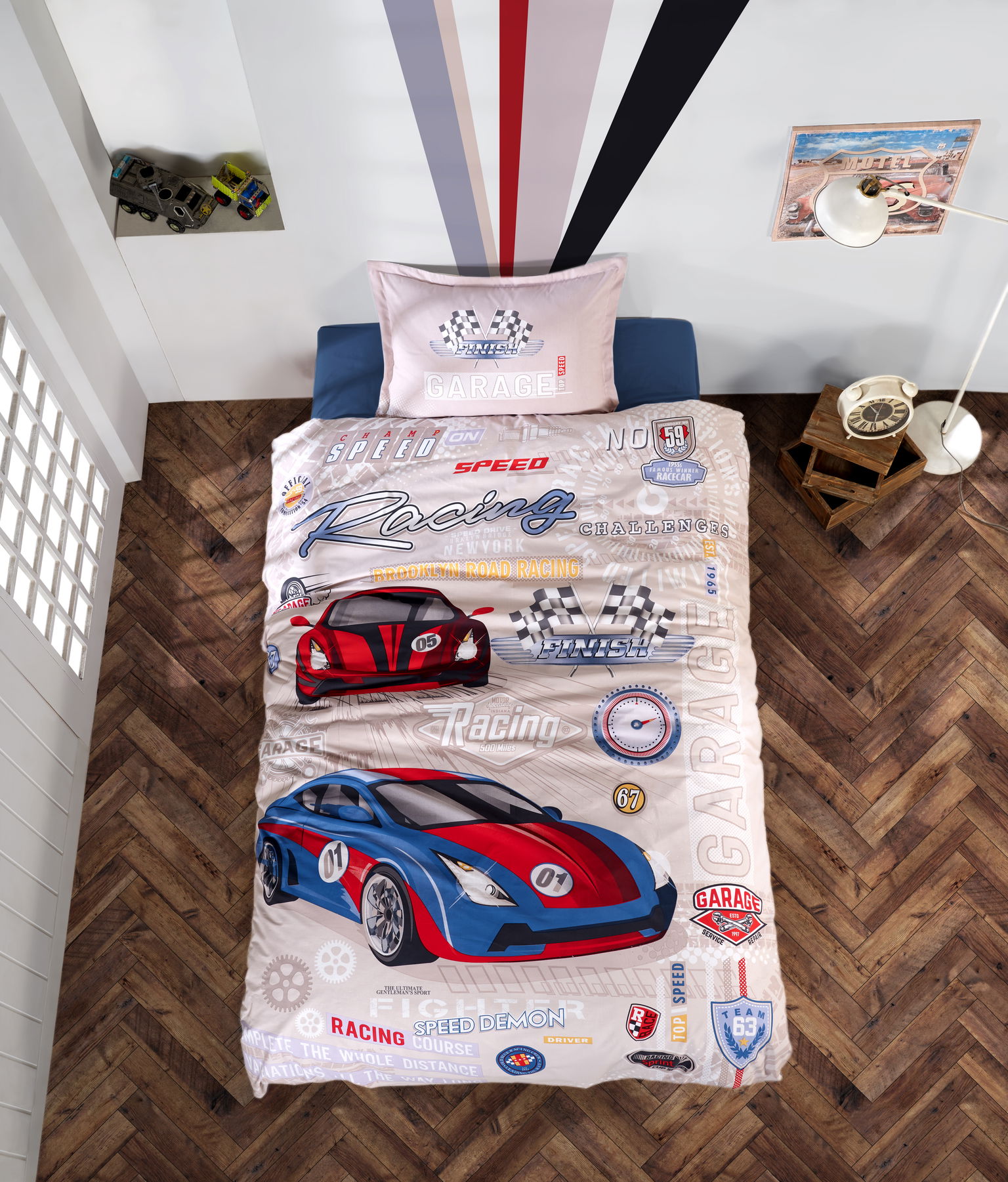 Vaikiškos patalynės komplektas CREYA GARAGE, 145 x 210 cm, 50 x 70 cm, 100% medvilnės