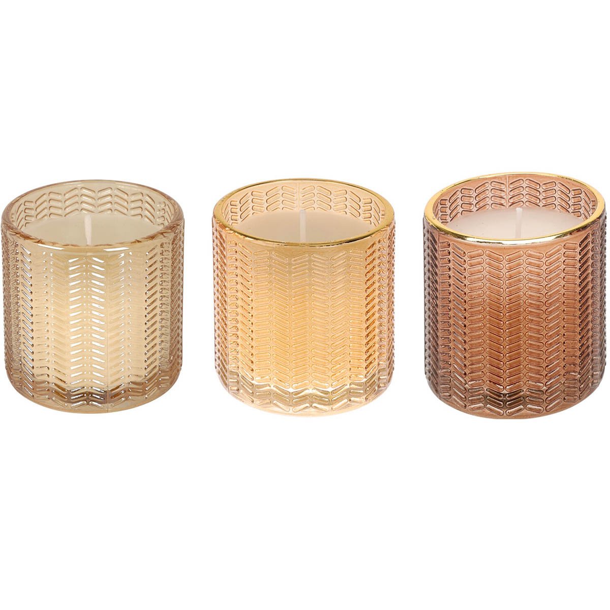 Dekoratyvinė žvakė stikliniame indelyje, auksinės sp., 3 rūšys, 7 cm