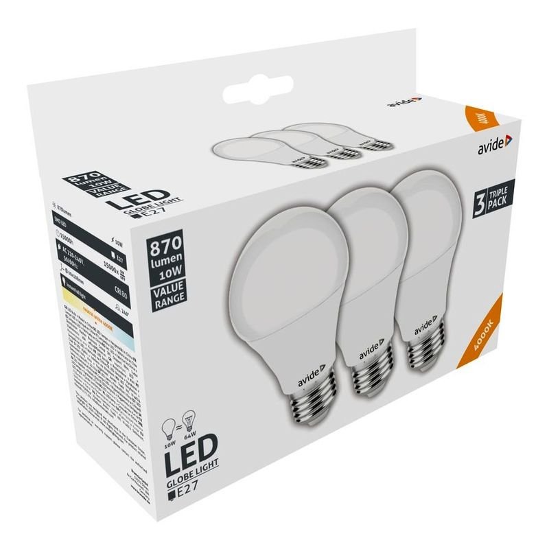 LED lemputės AVIDE, E27, A60, 10W (=64W), 4000K, 220-240V, 870 lm, 3 vnt