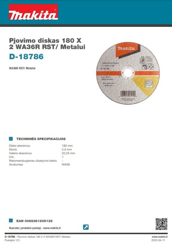 Metalo pjovimo diskas MAKITA, 180 x 2,0 mm, RST - 2