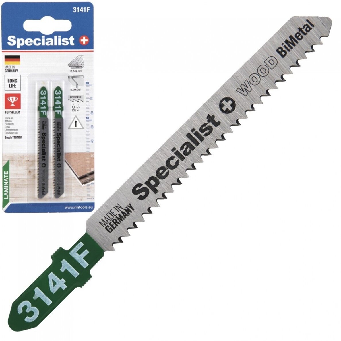 Siaurapjūklio pjūkleliai SPECIALIST+, 55/80 mm, 3141F, 13 TPI, BIM, laminatui 1,5-5 mm, 2 vnt.-0