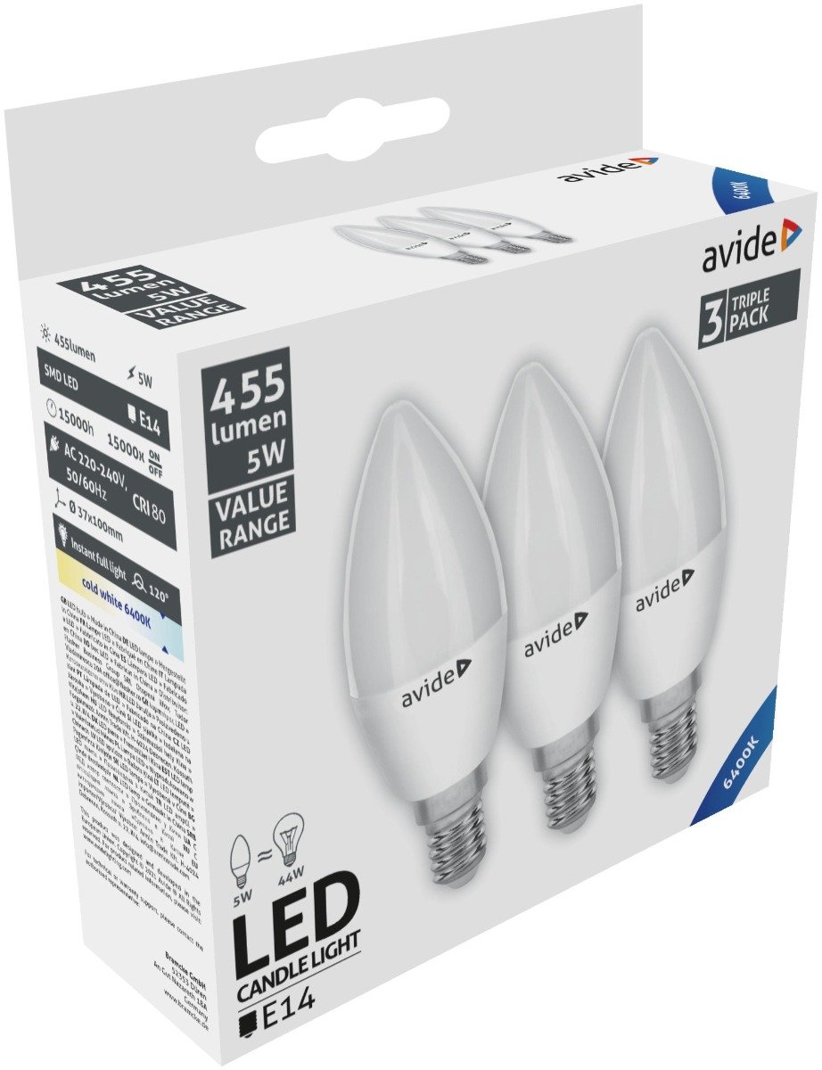 LED lemputės AVIDE, E14, 5W (=44W), 6400K, 220-240V, 455 lm, 3 vnt - 1