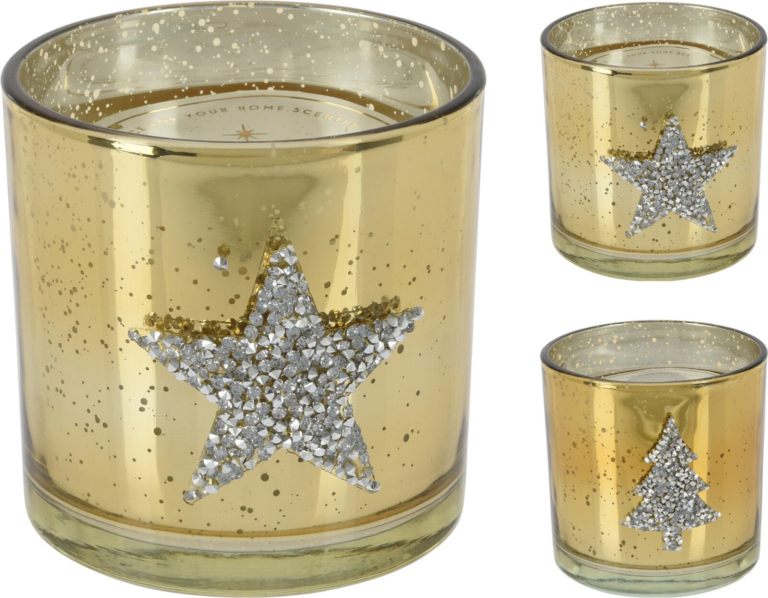 Kvepianti žvakė stikliniame indelyje STAR GOLD, auksinės sp., 2 rūšys, 10 x 10 cm