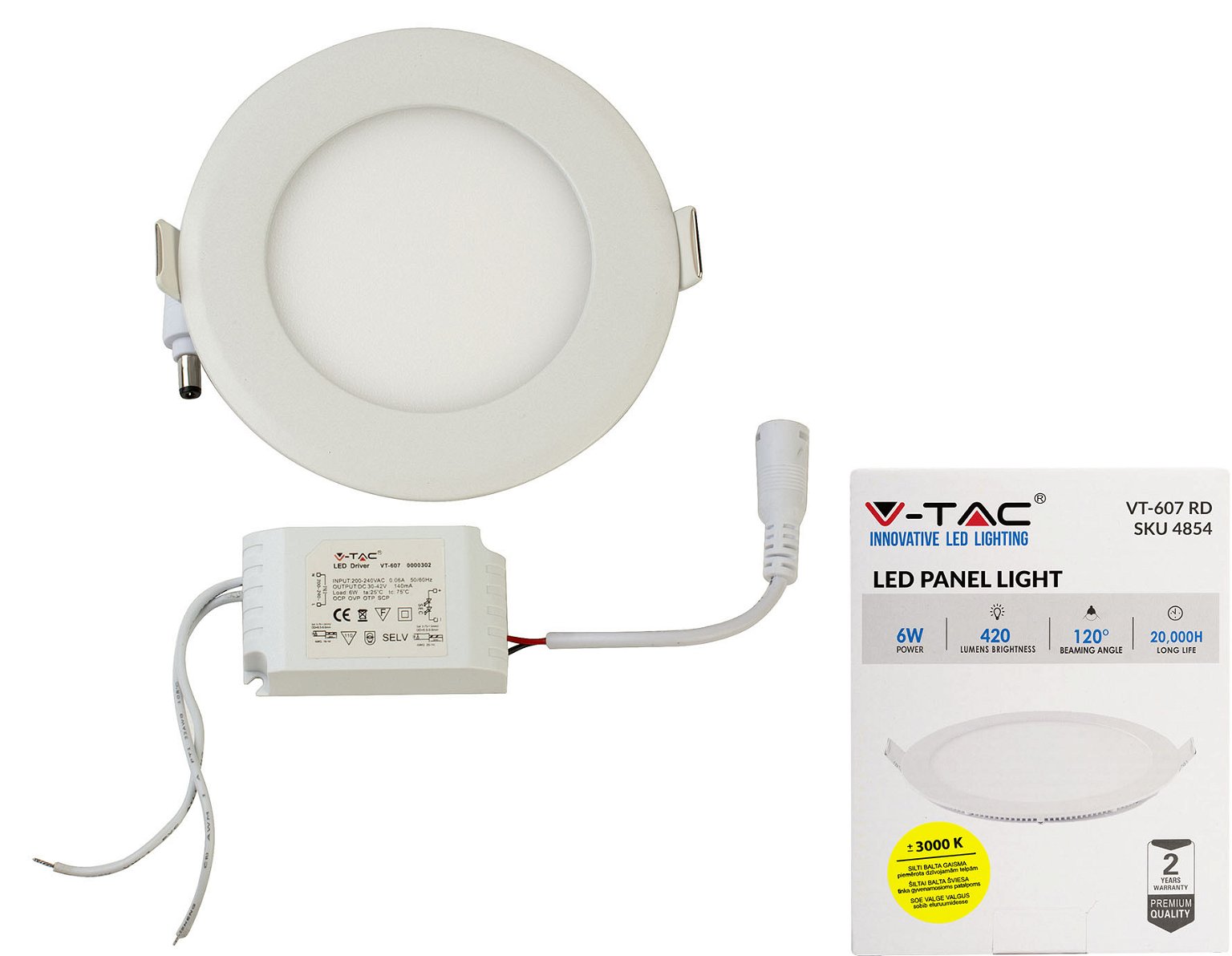 Įleidžiama LED panelė V-TAC BASIC PREMIUM, 6 W, 420 lm, 3000 K, apvali f., Ø12 cm - 2
