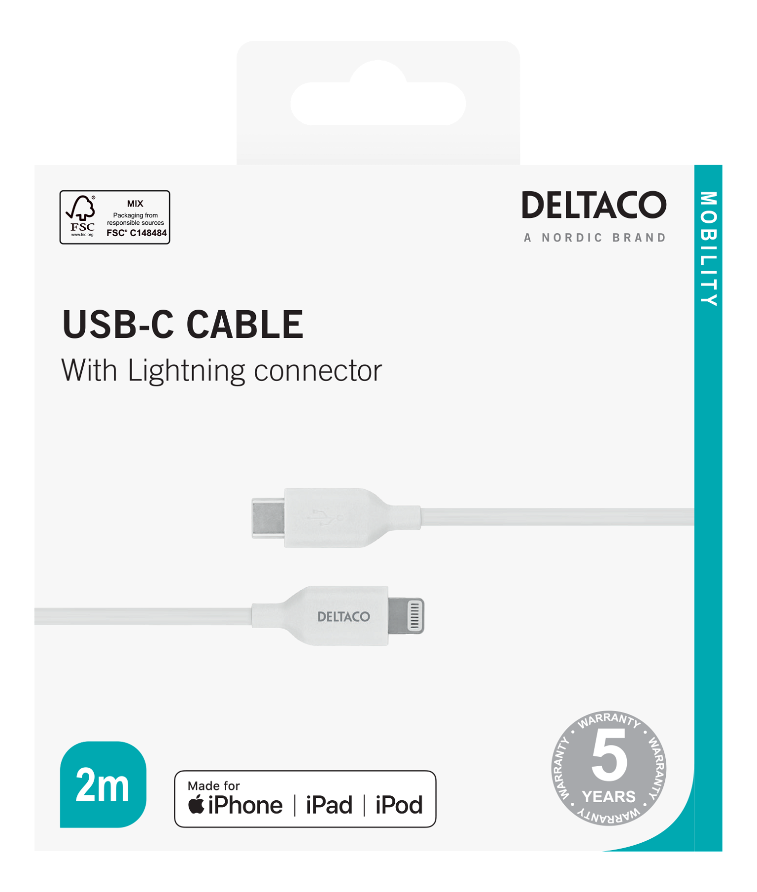 Lightning kabelis DELTACO IPLH-452 USB-C - 2m, Apple C94, baltas - 1