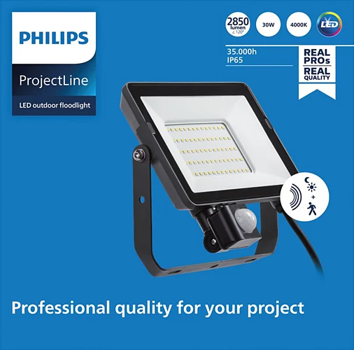 LED prožektorius PHILIPS,IP65, 30W, 4000K, 2850lm, su judesio davikliu, juodos sp., 18,5x5,6x18,3cm - 4