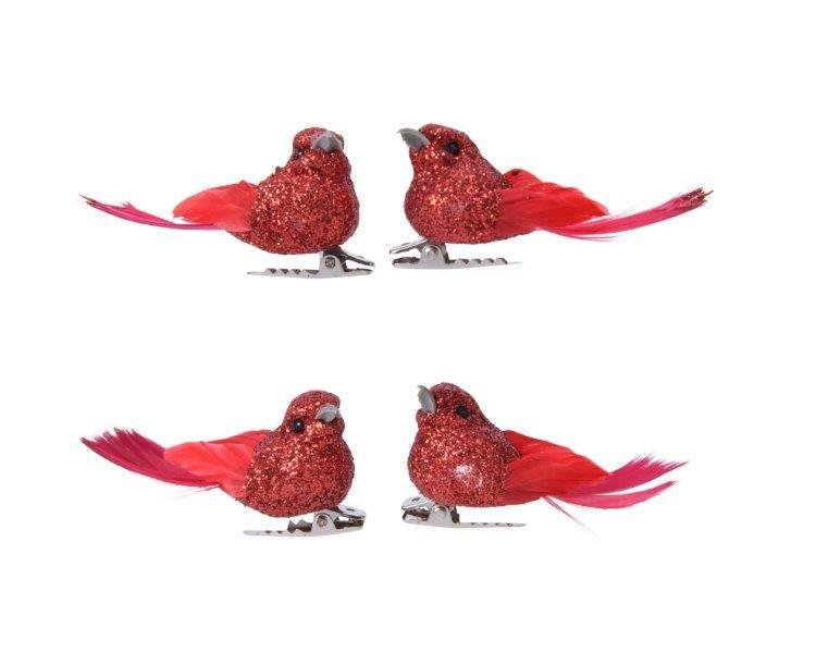 Įsegama kalėdinė dekoracija BIRD, raudonos sp., 2 x 5 x 2,5 cm, 4 vnt.