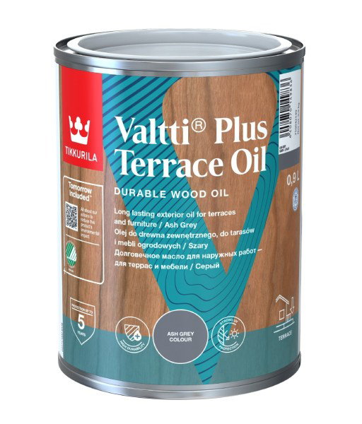 Terasų ir lauko baldų aliejus TIKKURILA VALTTI PLUS TERRACE OIL, pilkos sp., 0,9 l-0