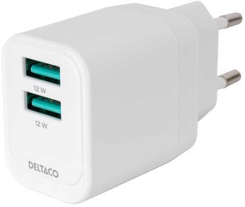 Sieninis įkroviklis DELTACO, 2x USB-A, USB-AC200, 12W prievadai, baltos sp.-0