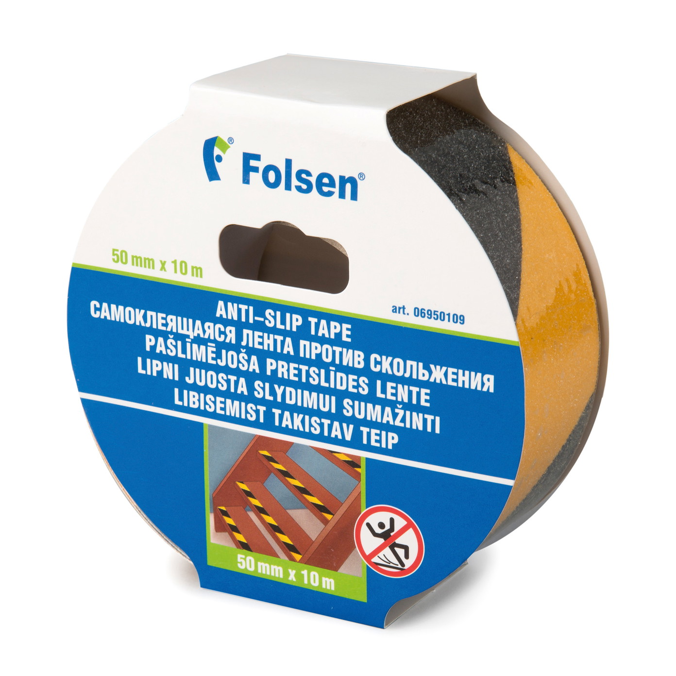 Lipni juosta FOLSEN, 50 mm x 10m, mažinanti slydimą, juoda/geltona-0