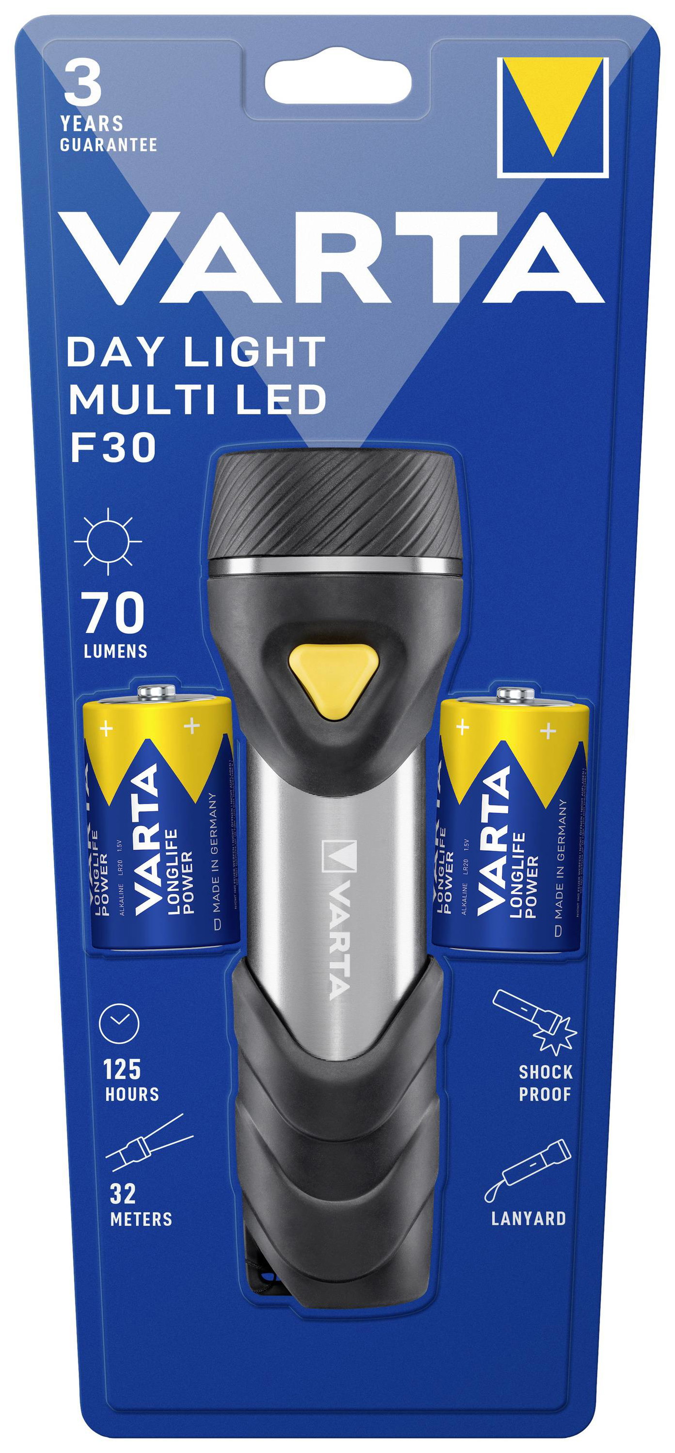 LED žibintuvėlis VARTA Day Light, 70 lm, elementai 2xD (įeina), atstumas iki 32m, veikia iki 125 val-1
