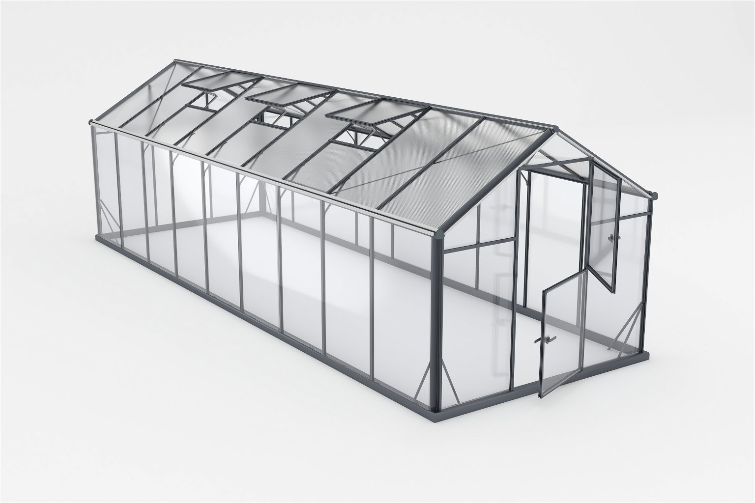 Šiltnamis SANUS HYBRID L-15 (2,20x6,40m) RAL7016, 4mm grūdinto stiklo sienos, 6mm polikarbonato stogas